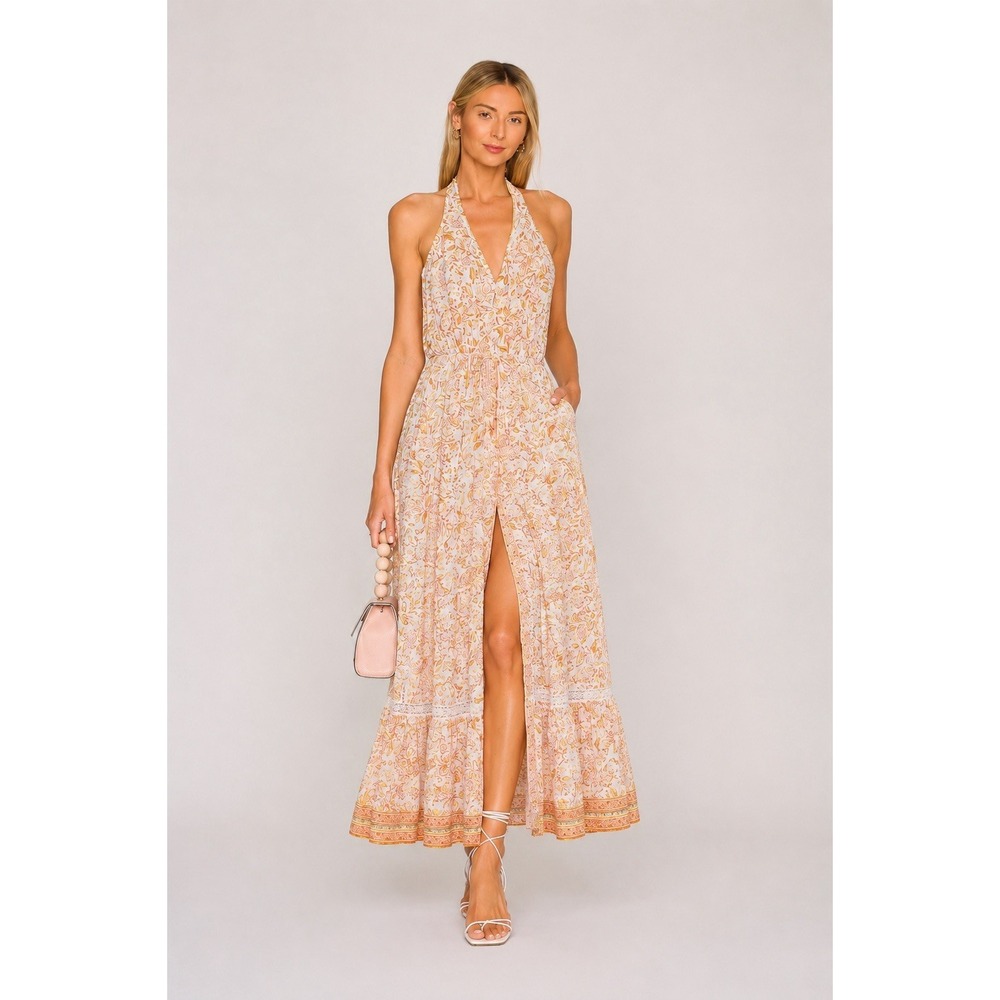 Poupette St Barth Halter V Neck Midi Dress Small Luxe Resort Vacation Boho Beach